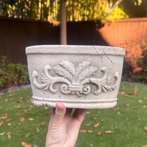 Vintage Ornate Garden Cement Planter - Oval Floral Relief Cachepot Centerpiece